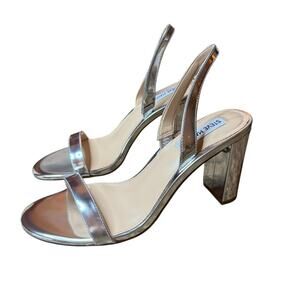 Steve Madden Emiline Luxe Silver Foil Leather Block Heel Slingback Sandals 9